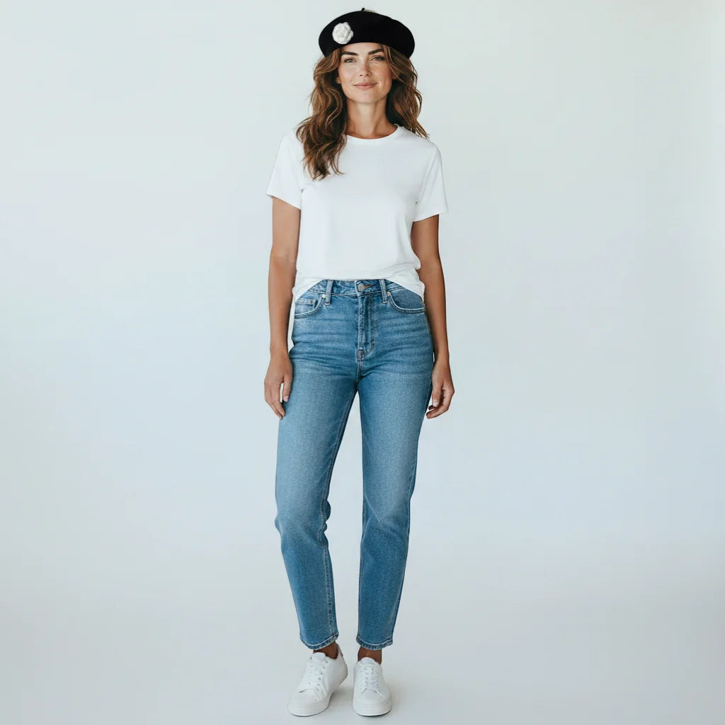 Woman in Flower Beret, blue jeans and white sneakers