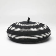 French Basque Beret: black and white striped knit with black button top