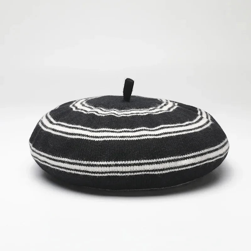 French Basque Beret: black and white striped knit with black button top