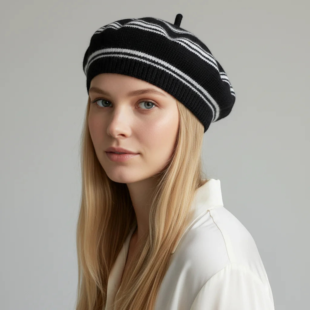 French Basque Beret: black and white striped knitted with top black button