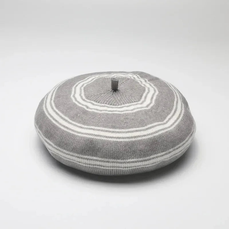 French Basque Beret: gray knitted with white stripes and center button