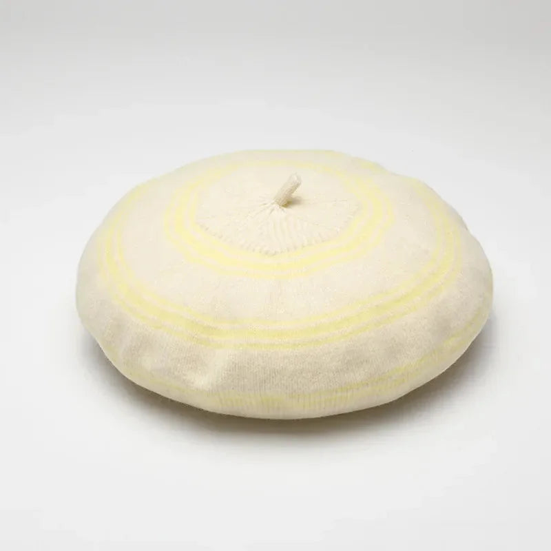 French Basque Beret in soft off-white with yellow stripes