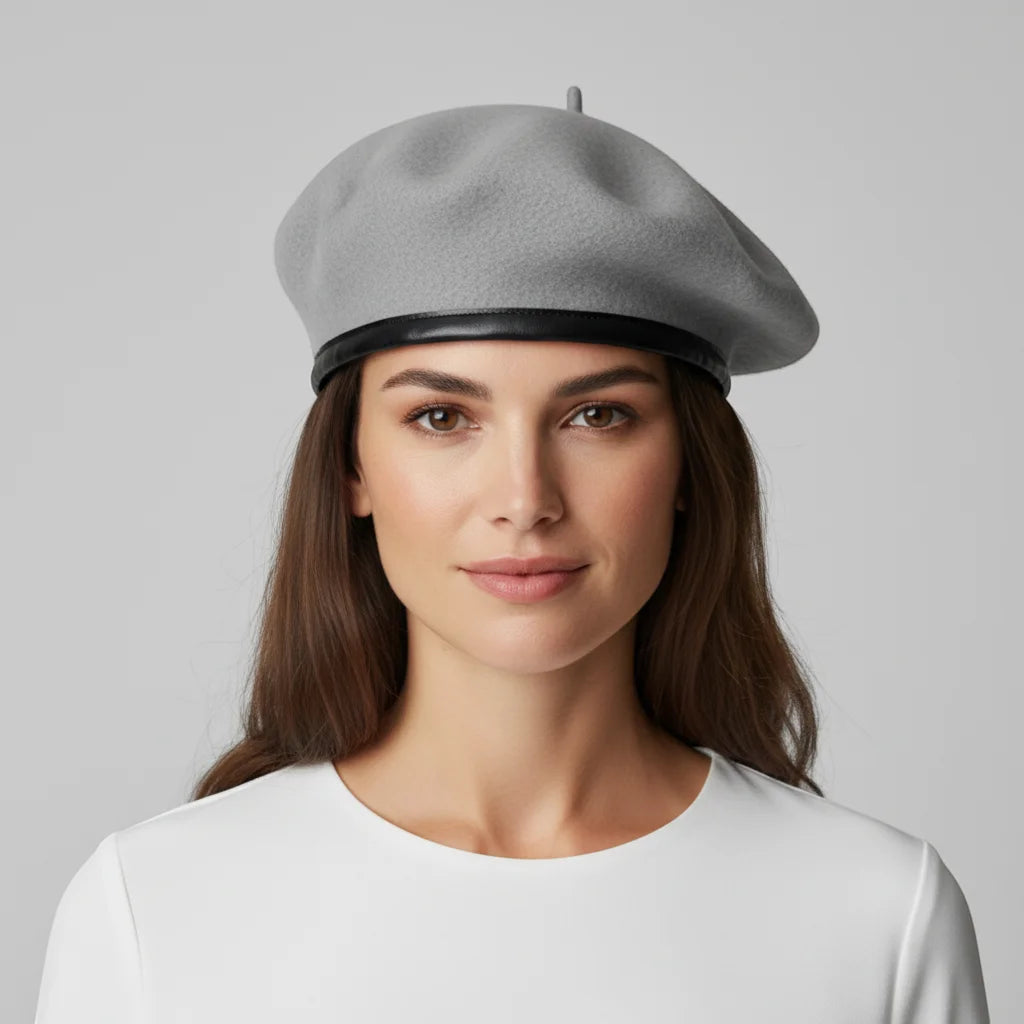 Gray felt French beret army style with black leather trim