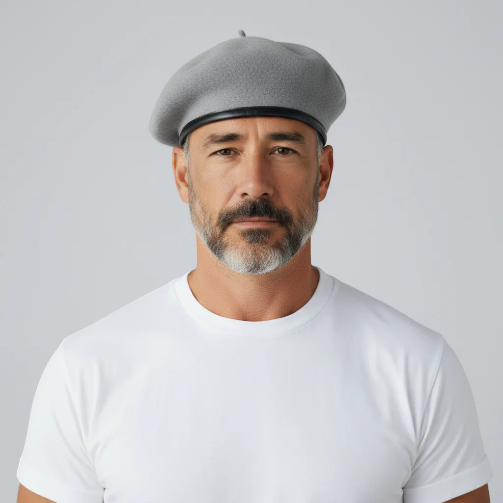 Gray felt French beret with black leather band, Army style