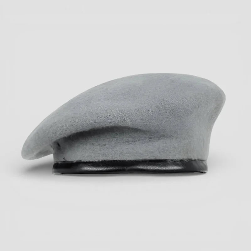Sleek light gray French Army beret with soft felt and black leather band