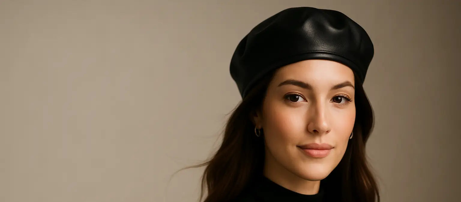 Woman wearing a black leather beret against a beige background