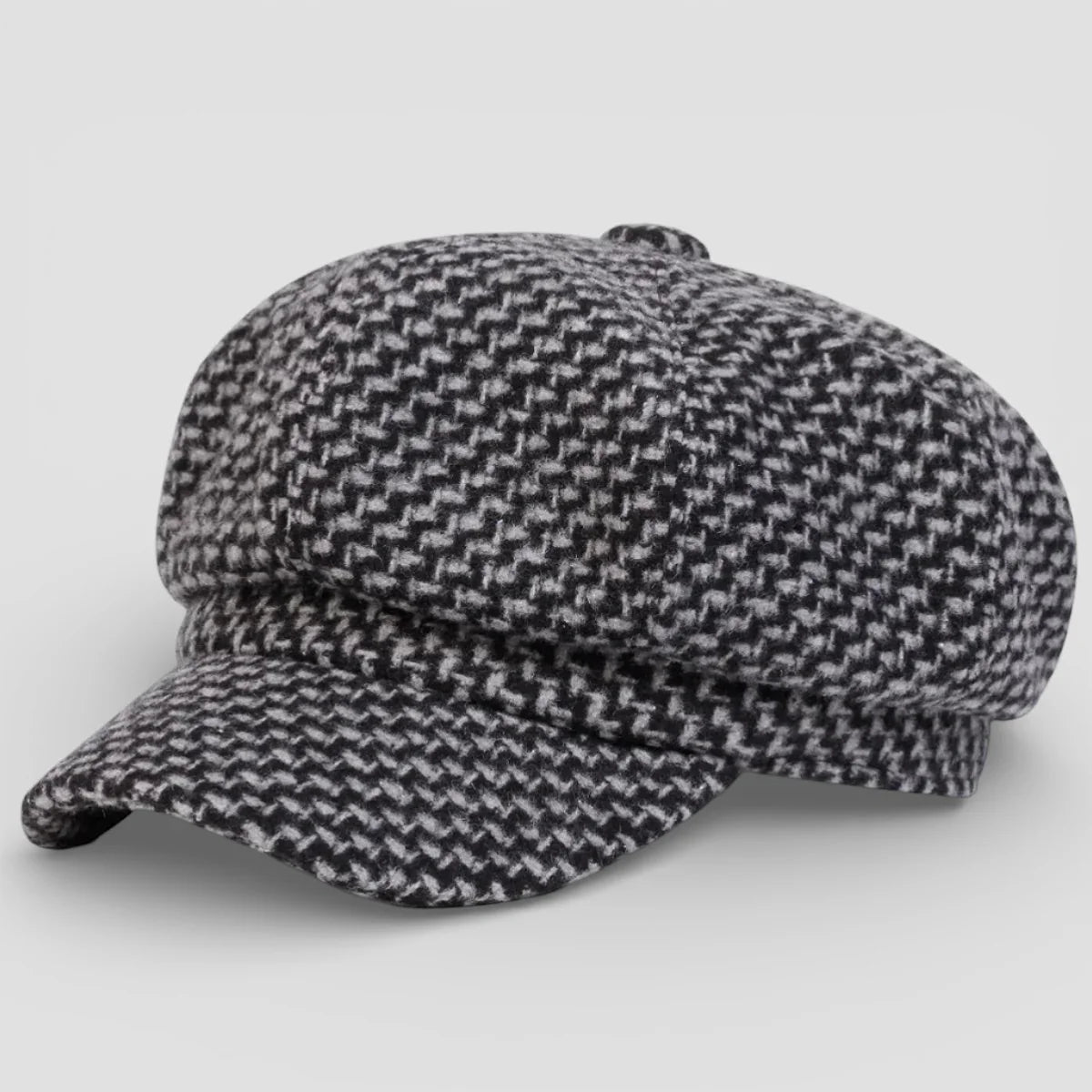 French Beret Cap in black and gray herringbone wool with flat brim