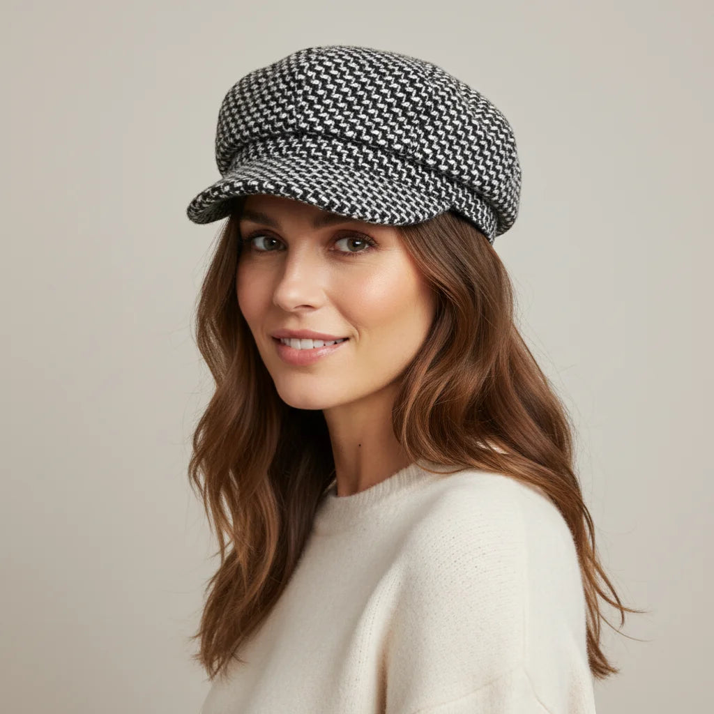 French beret cap in black and white herringbone wool with flat top