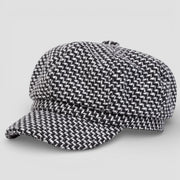 Black and white herringbone wool French beret cap, six-panel design