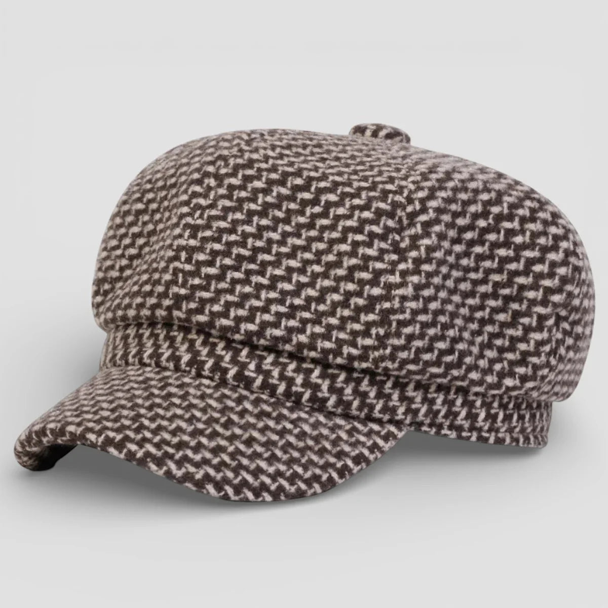 French Beret Cap: brown and beige herringbone wool six-panel hat