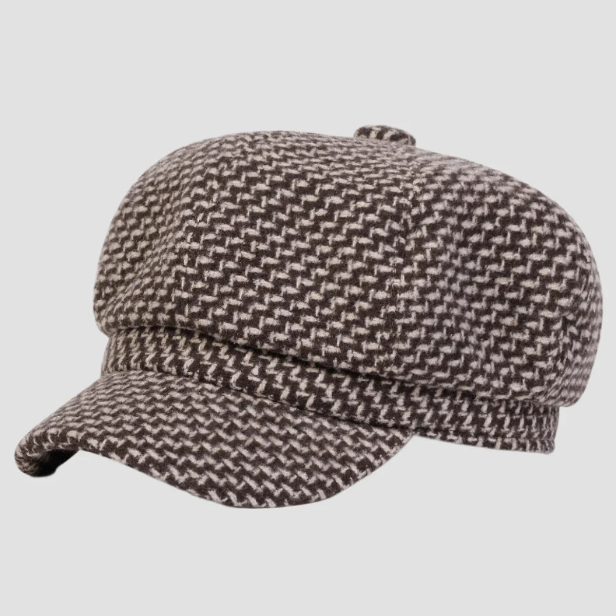 Brown and beige patterned newsboy cap.