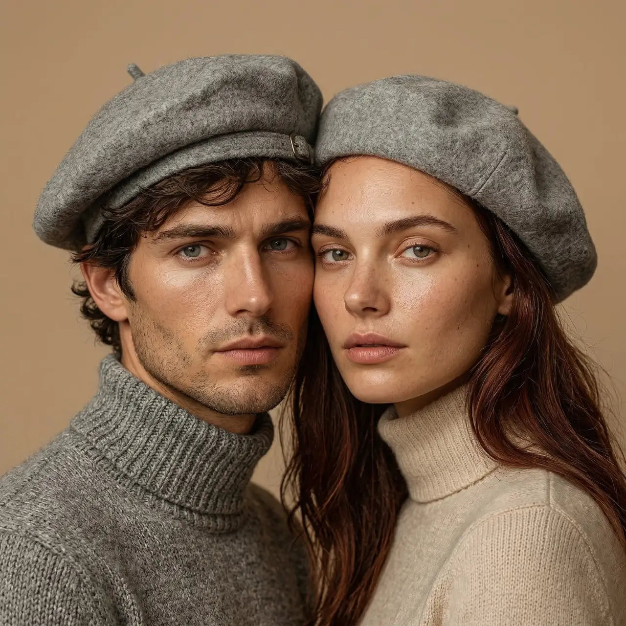 Close-up studio portrait of a man and woman wearing light grey wool berets on a beige background – unisex beret collection