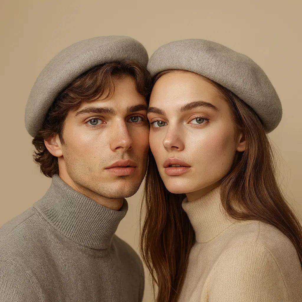 Close-up studio portrait of a man and woman wearing light grey wool berets on a beige background – French Beret® unisex beret collection
