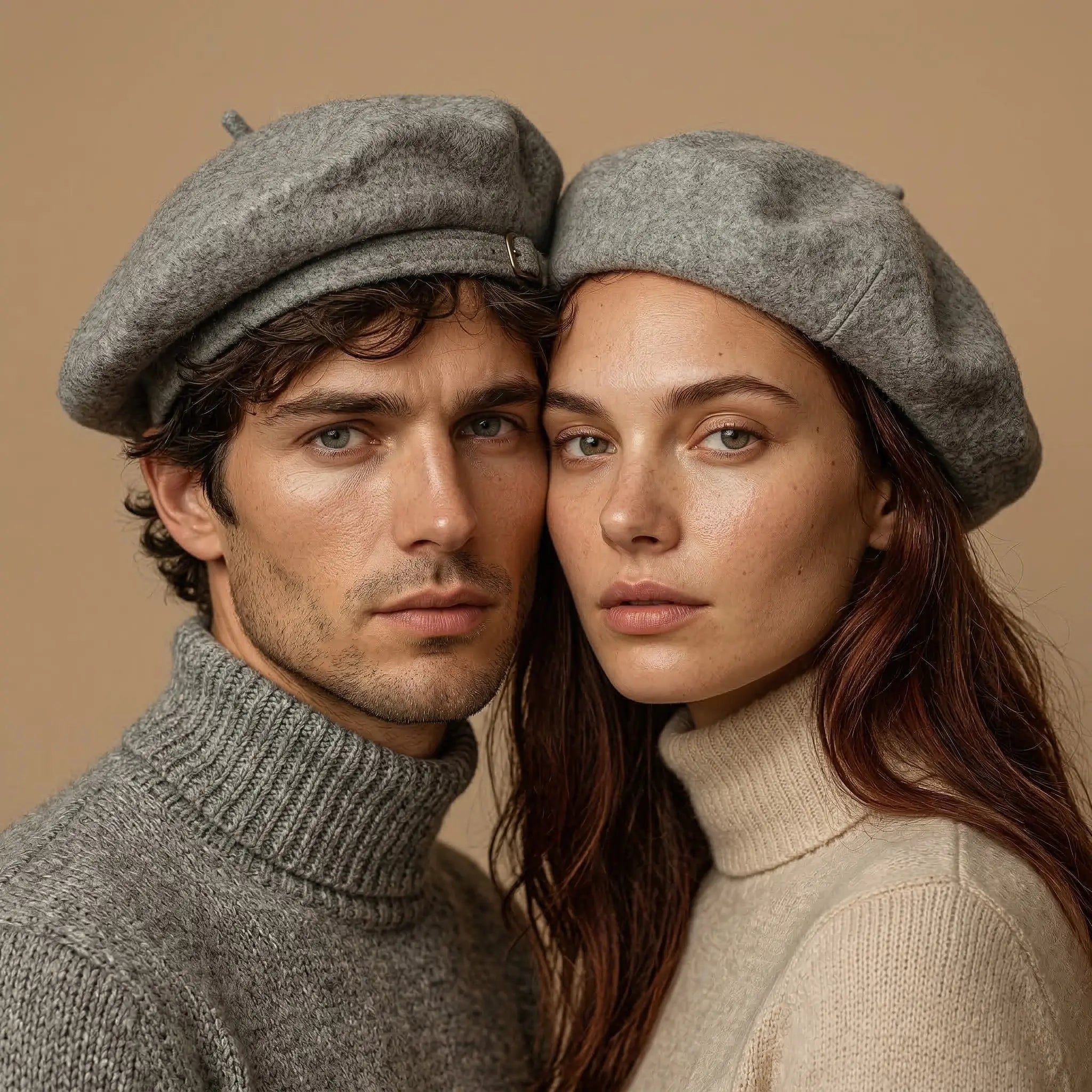 Close-up studio portrait of a man and woman wearing light grey wool berets on a beige background – unisex beret collection