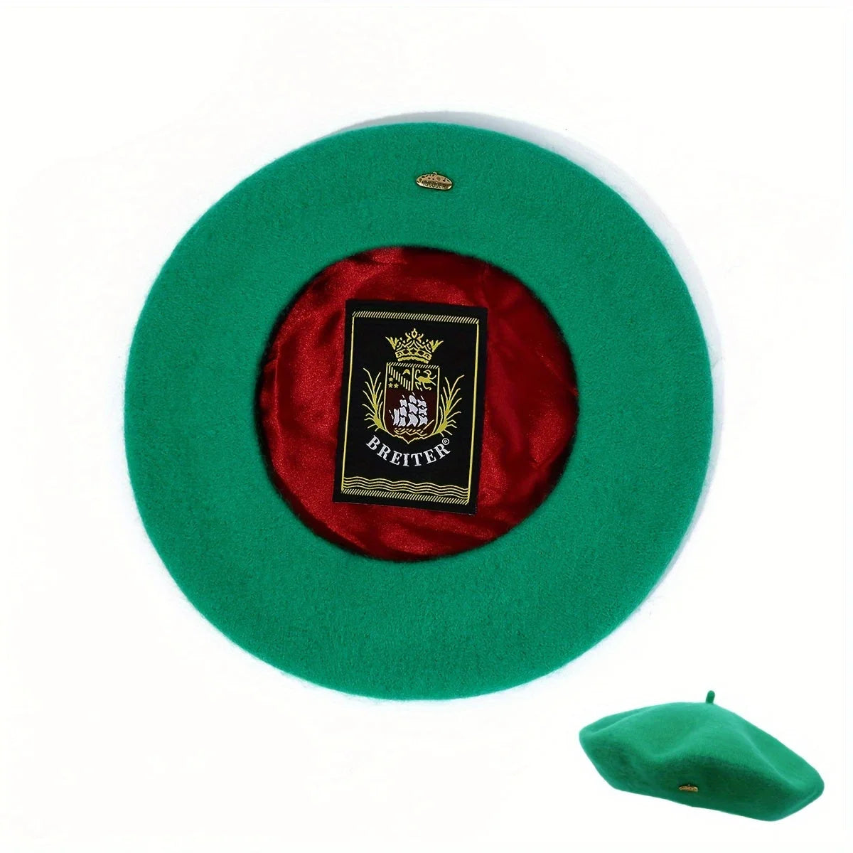 merald green Lined Beret, top view with red satin