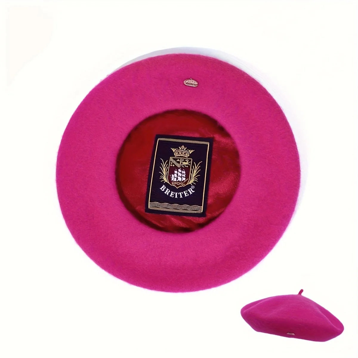 Fuchsia pink Lined Beret, top view highlighting the red satin lining.