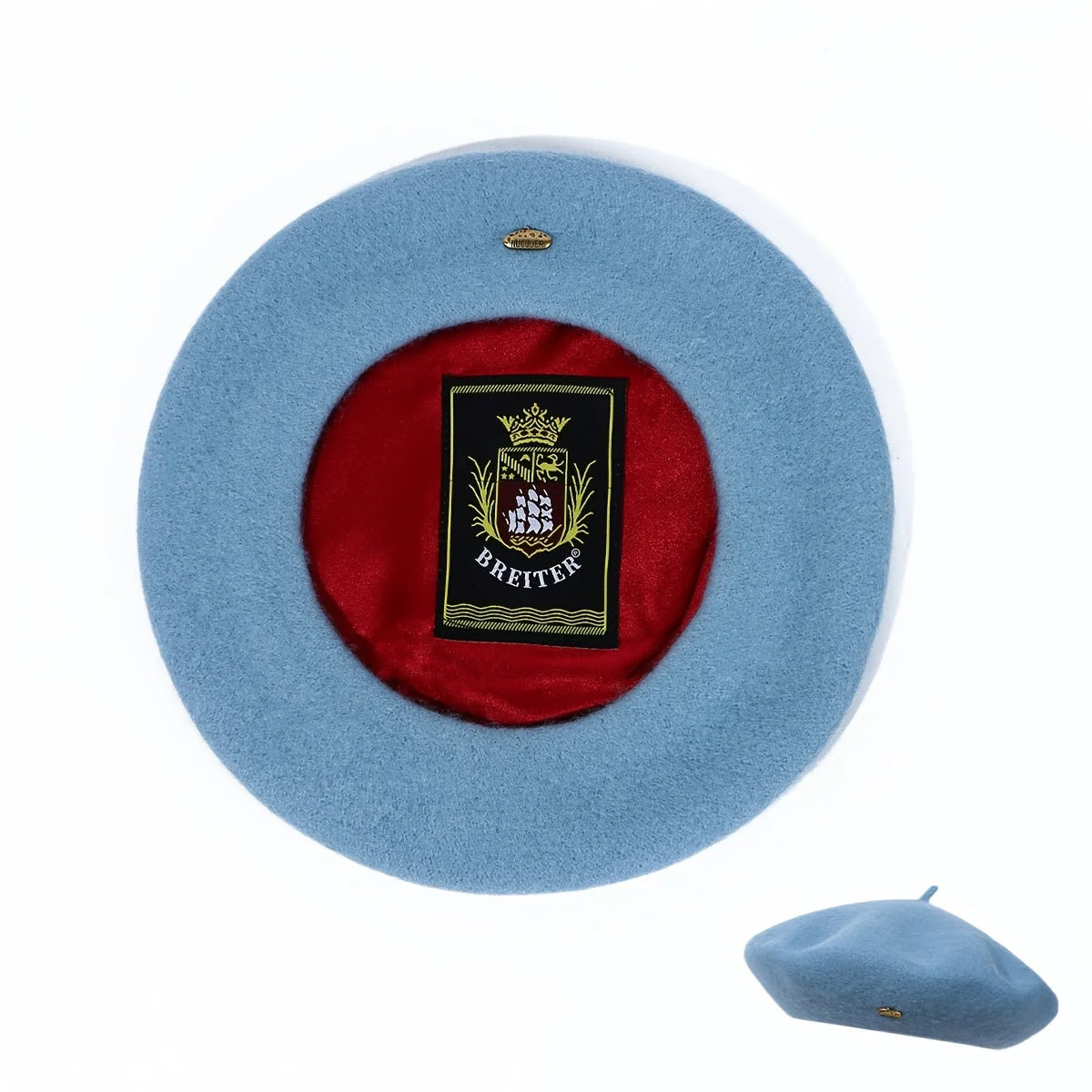 Light blue Lined Beret, top view showing red satin lining