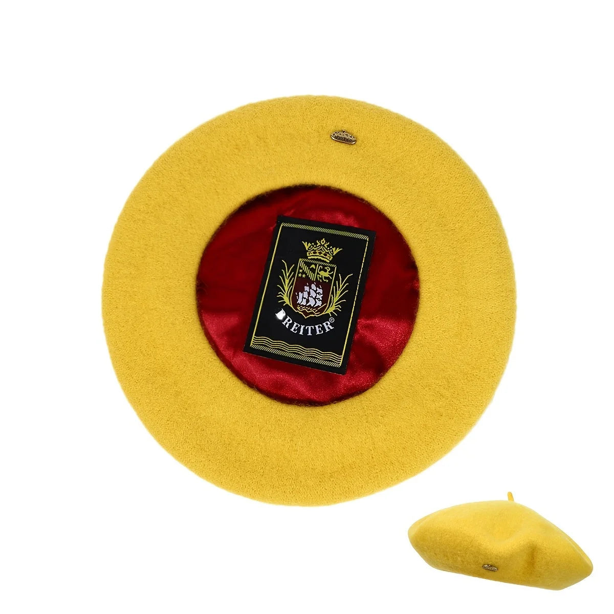 Mustard yellow Lined Beret, top view with red satin lining and brand patch.