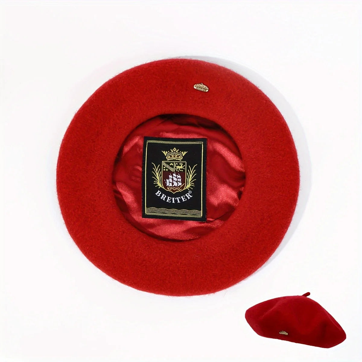 Red Lined Beret with matching red satin lining, top view