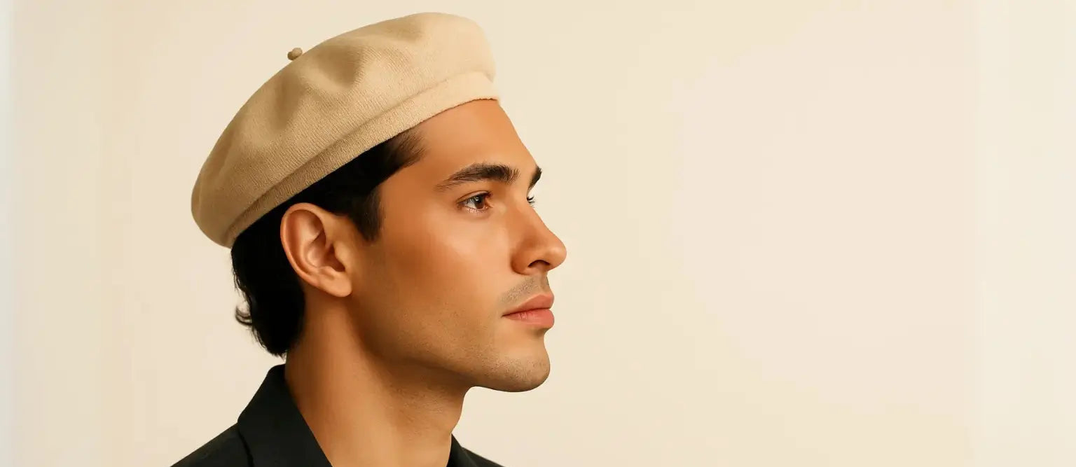 Men’s beige cotton beret on a stylish model in profile, black blazer, light beige studio backdrop for French Beret