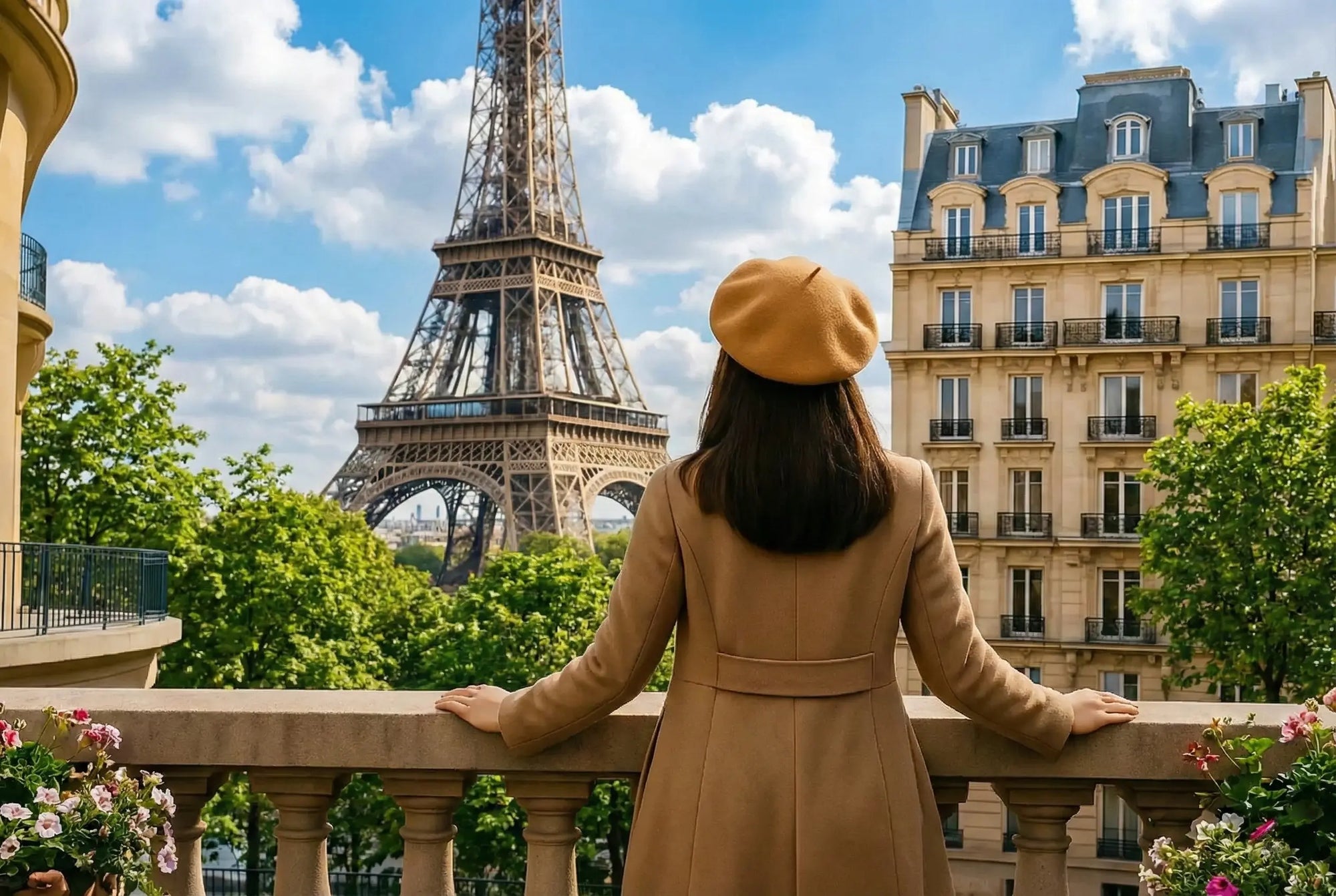 Elegant woman wearing a Wool French beret overlooking the Eiffel Tower in Paris, capturing timeless Parisian fashion