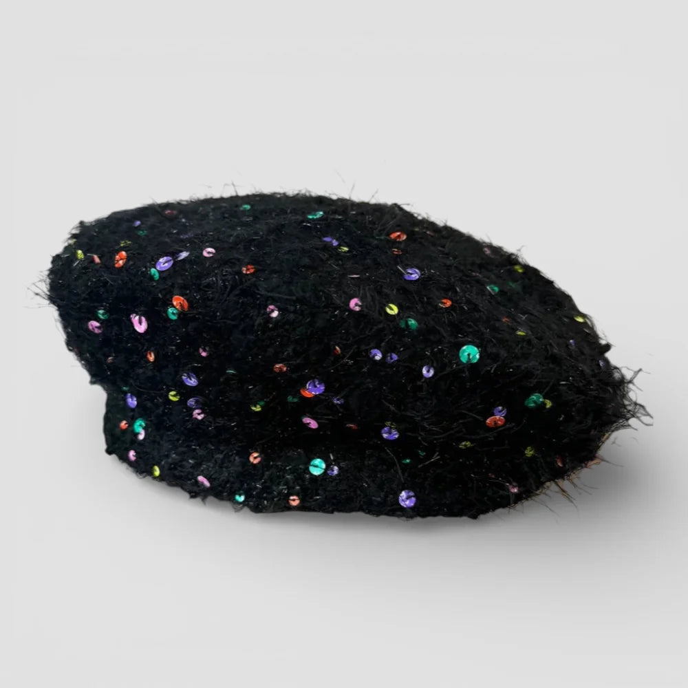 French beret style black beret with multicolored sequins
