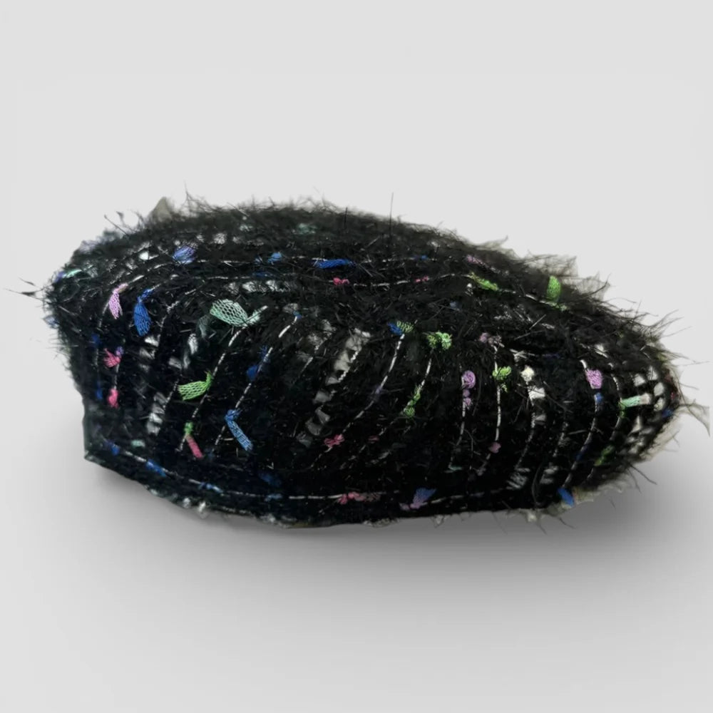 Black textured French beret style with colorful speckles and fuzzy tweed finish
