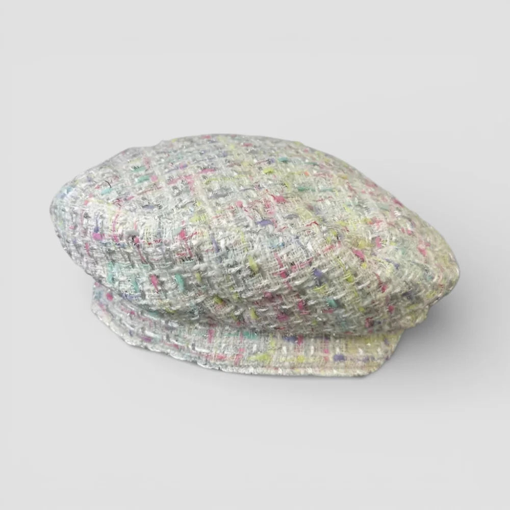 Soft pastel tweed French beret in silver, pink, green threads