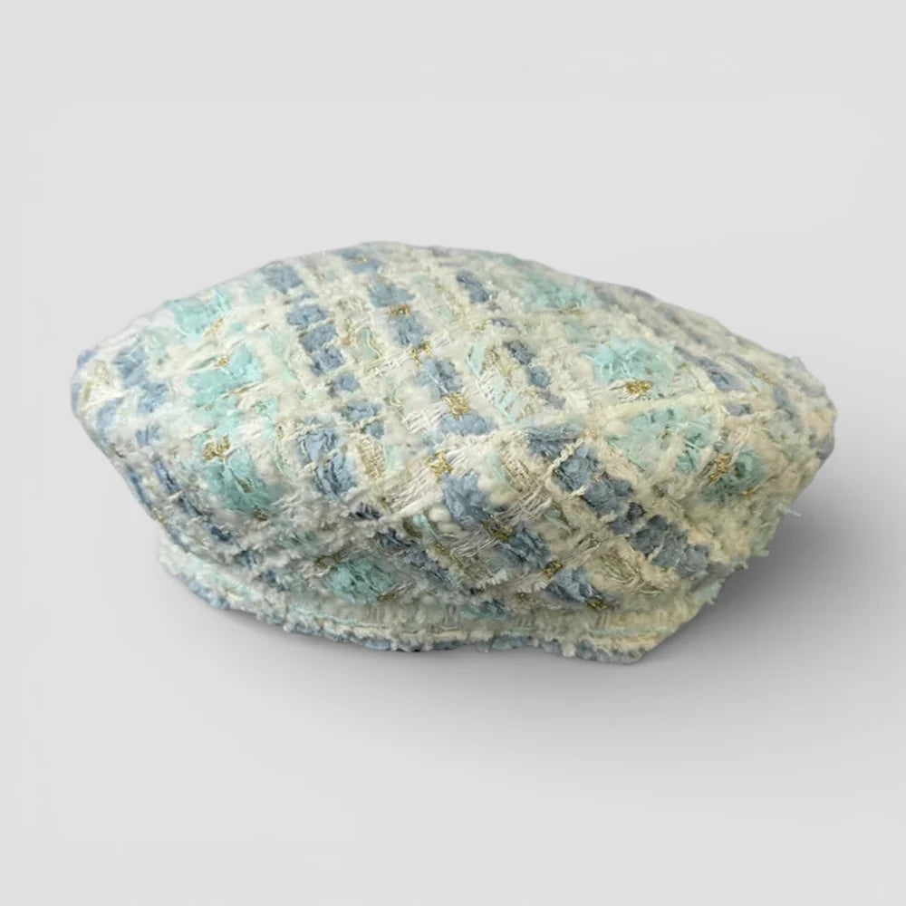 French beret style in light blue cream tweed with gold accents