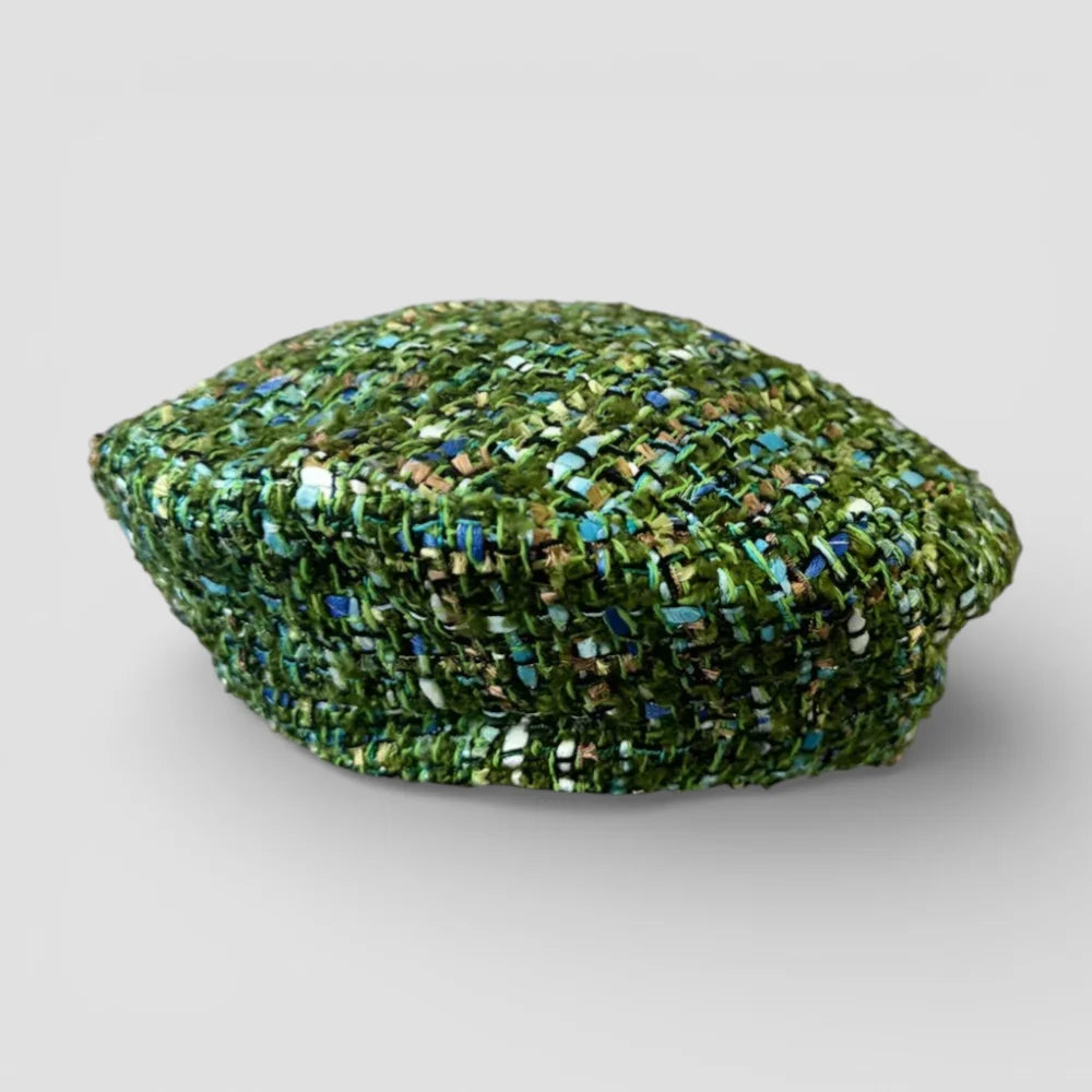 Textured green French beret style with tweed weave, blue flecks, metallic threads