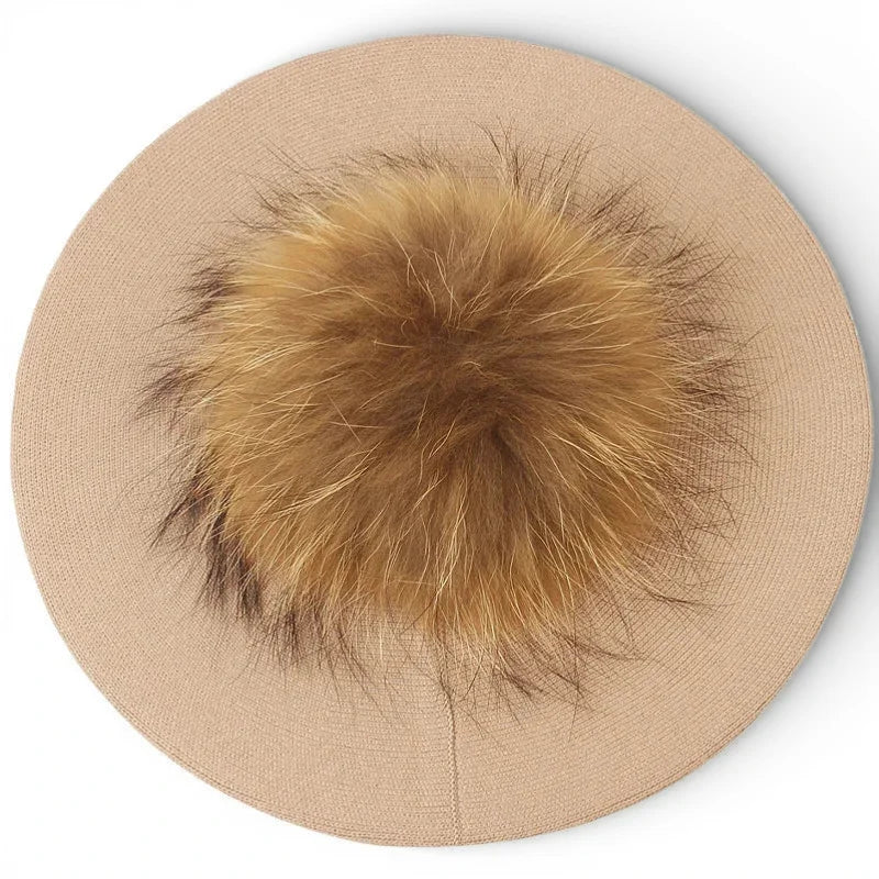 French beret with pom pom: beige woven hat with fluffy golden-brown fur pom-pom