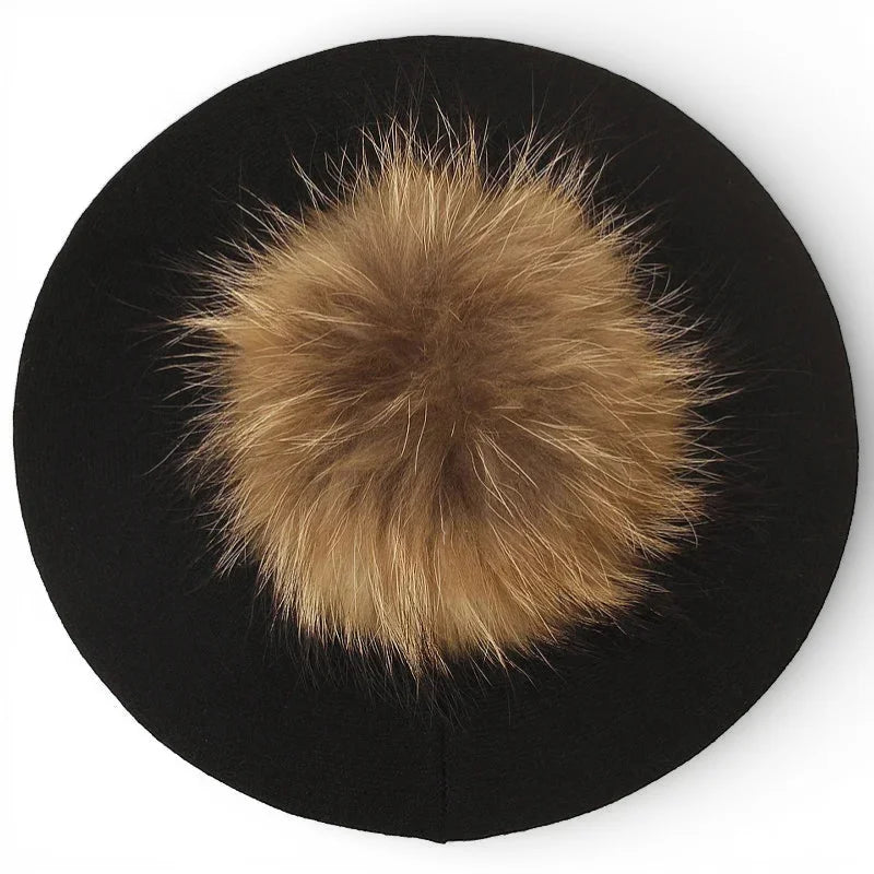 French beret with fluffy golden-brown fur pom-pom on black beret
