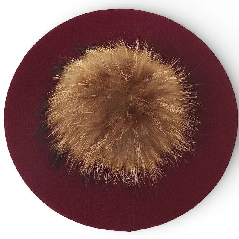 French beret with pom pom in maroon with fluffy tan fur top