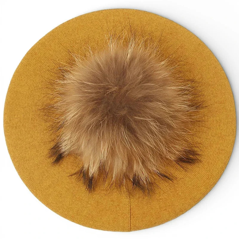 Mustard yellow knit French beret with fluffy fox fur pom-pom