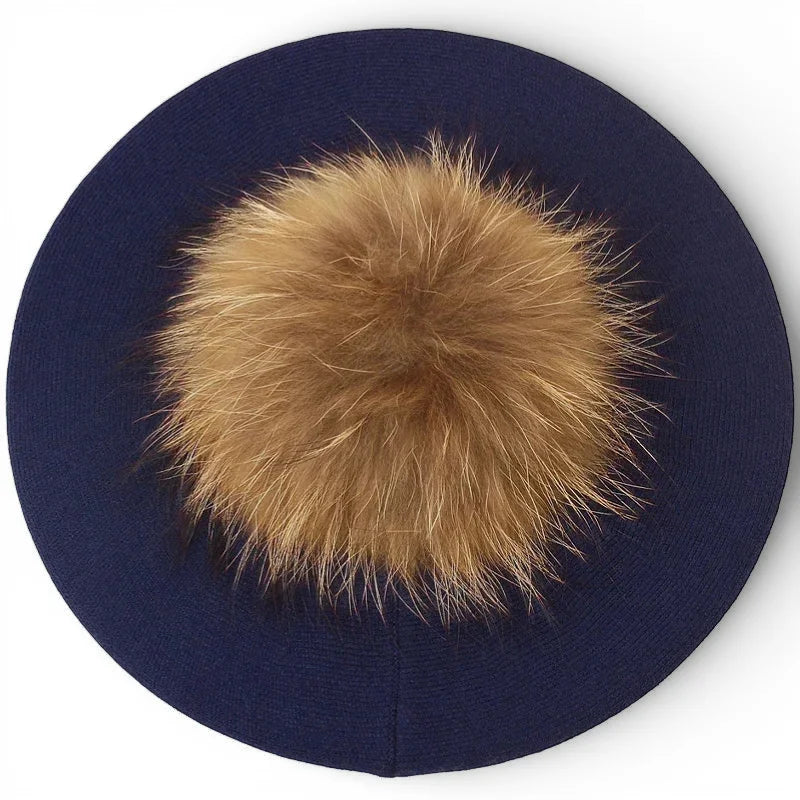 French beret with pom pom in navy blue with fluffy tan fox fur top
