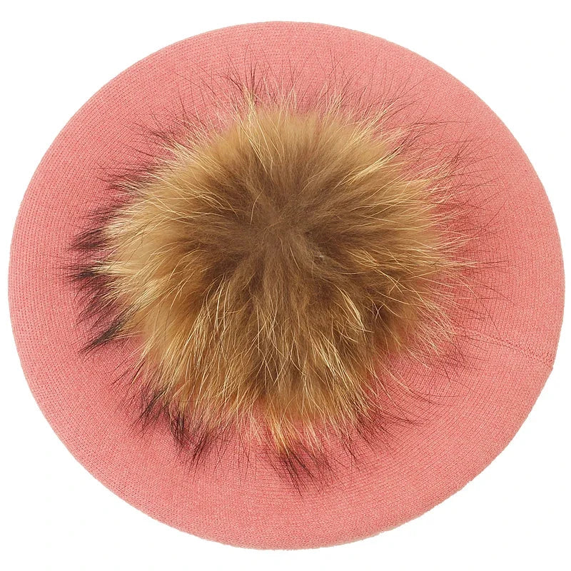 Pink beret with fur pompom.
