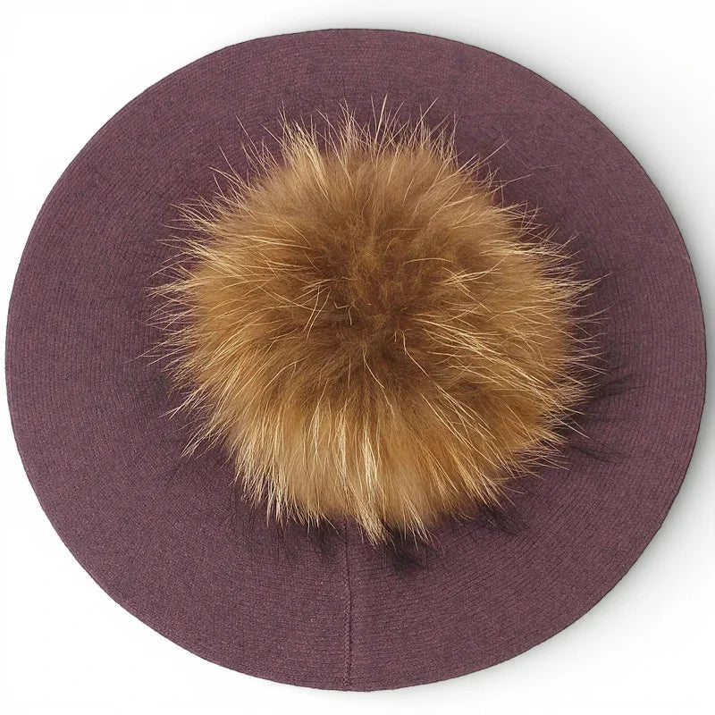 Purple French beret with fluffy tan fox fur pom-pom