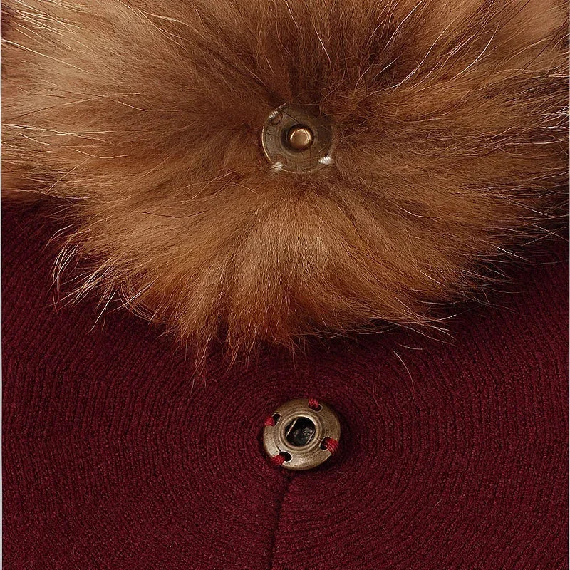 Rich burgundy knit cardigan with golden-brown fur trim and snaps for French Beret with Pom Pom