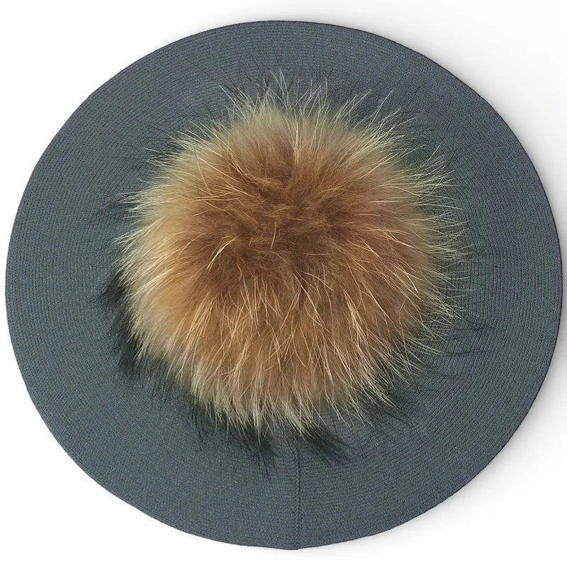 French beret with pom pom features soft fluffy tan fox fur pom-pom on dark gray knit