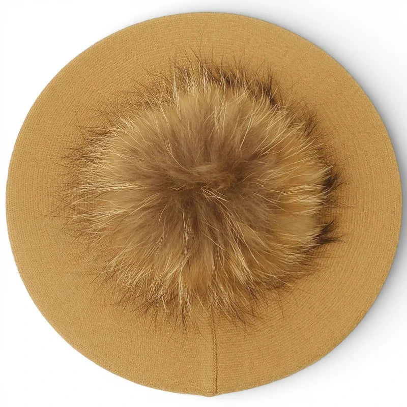 Tan knit French beret with fluffy natural-toned fox fur pom-pom