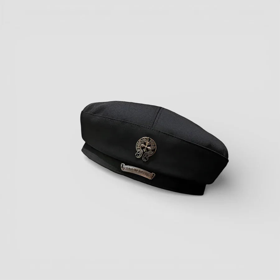 French Fashion Beret black beret with metallic emblem and plaque
