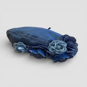 French Flower Beret with denim base and layered blue floral appliques