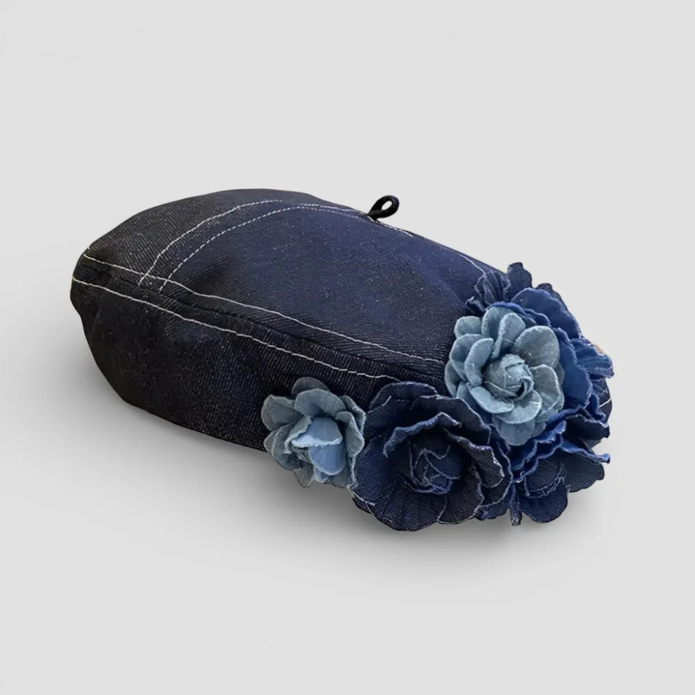 French Flower Beret with denim base and layered blue fabric flowers