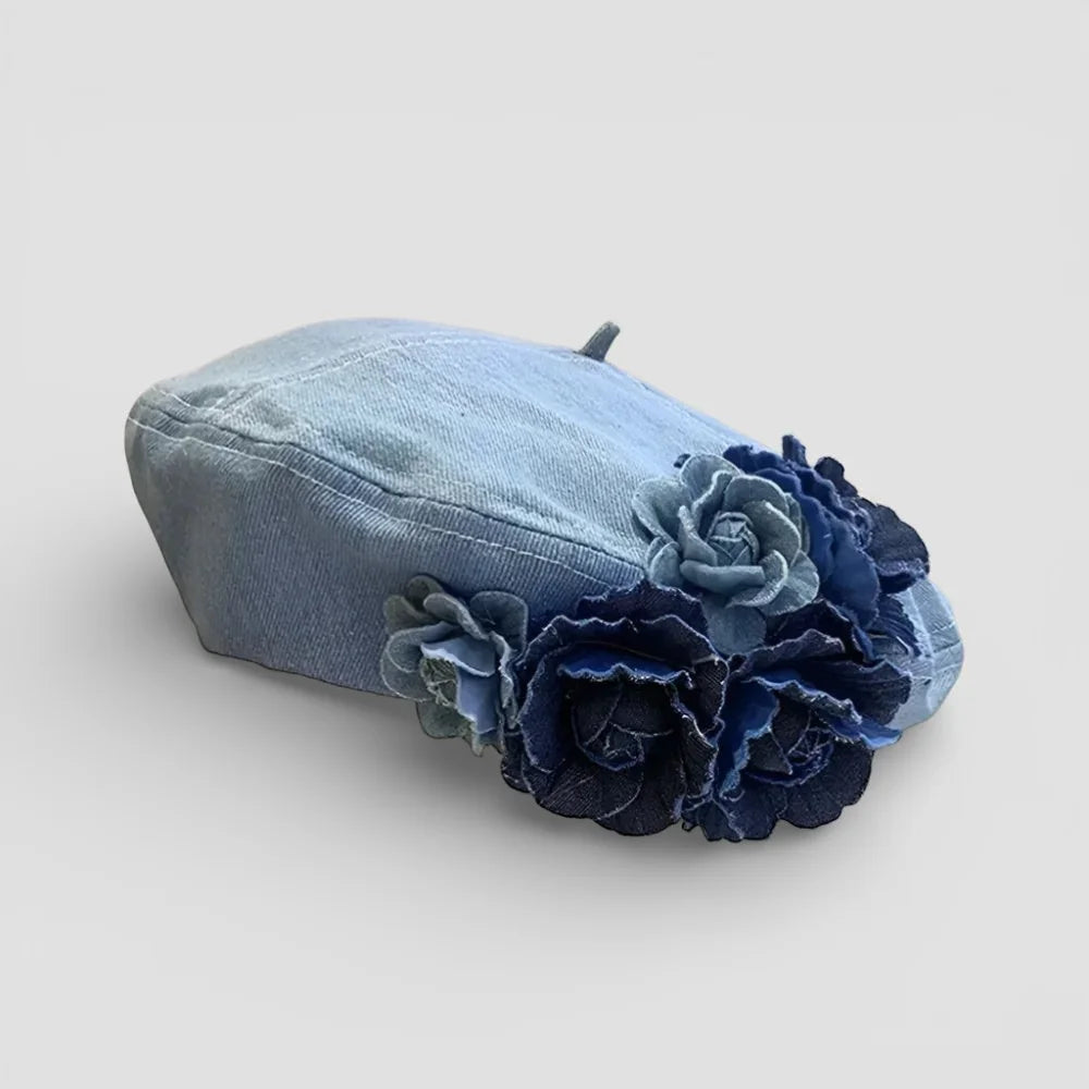 Light blue denim French Flower Beret with layered blue fabric roses