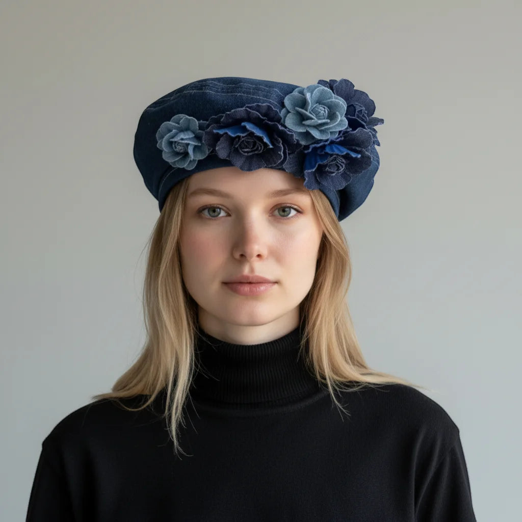 French Flower Beret: navy blue beret with layered blue fabric roses