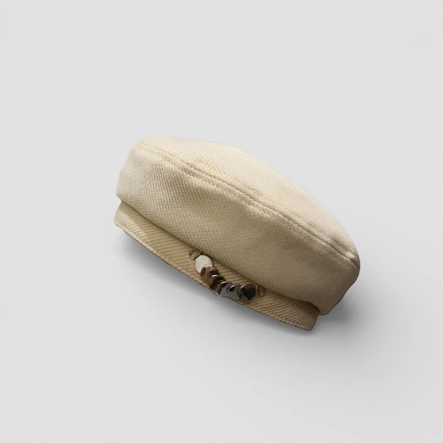 French Legion Beret: beige textured fabric with brown and cream bead brim