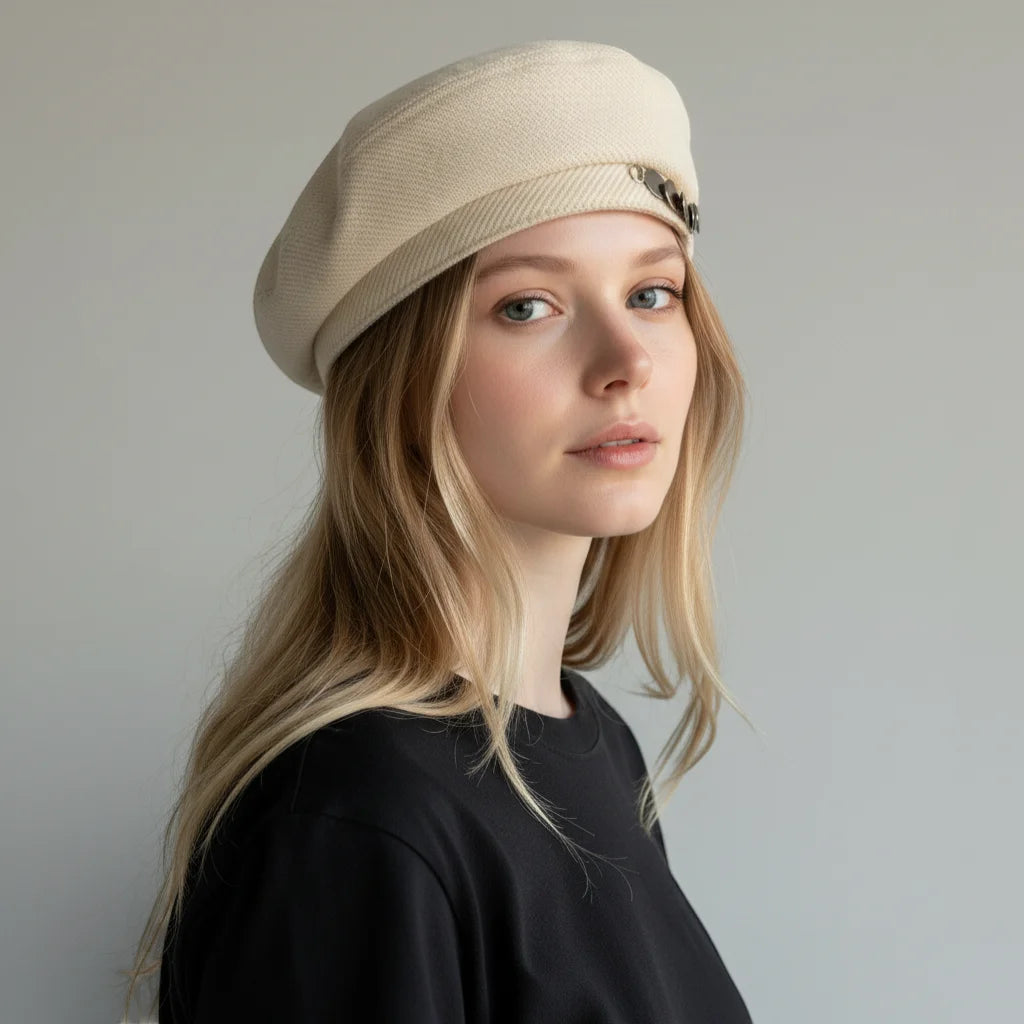 French Legion Beret in beige wool with textured weave and metallic clasp