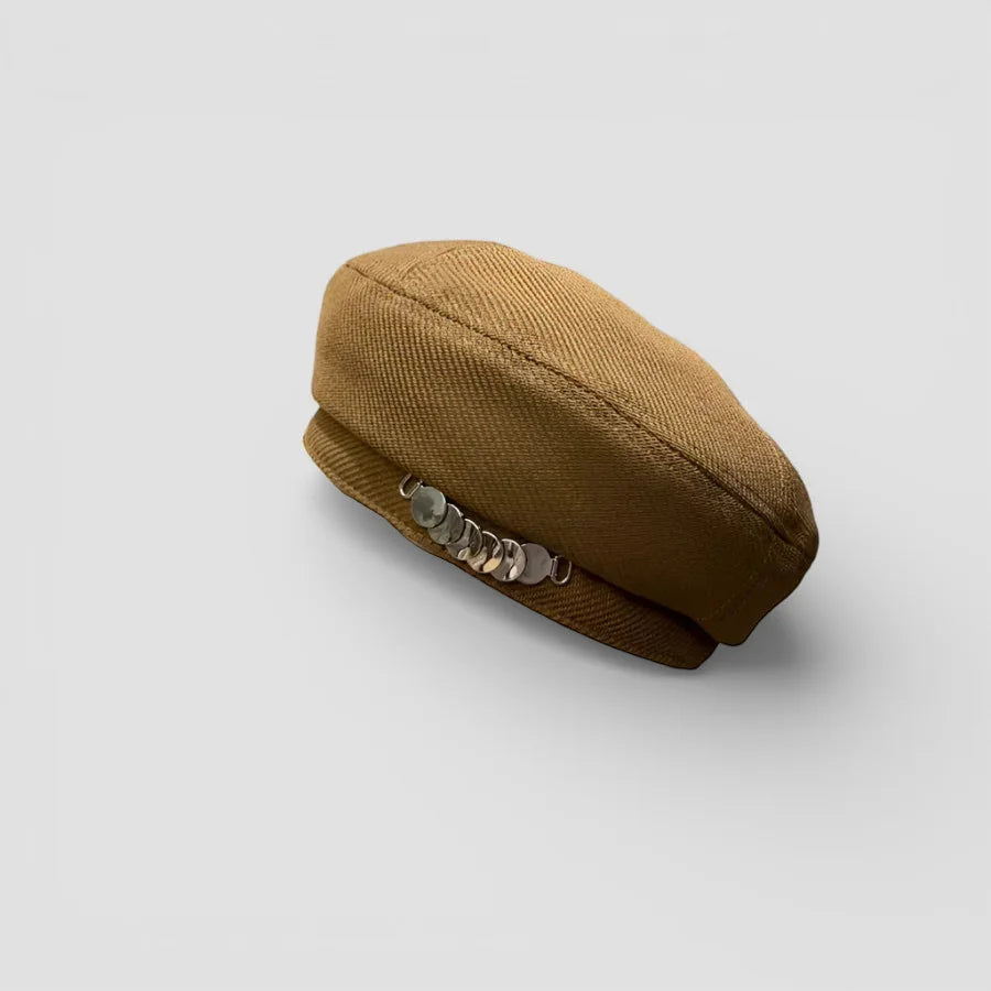 Tan corduroy French Legion Beret with metallic coin embellishments on brim