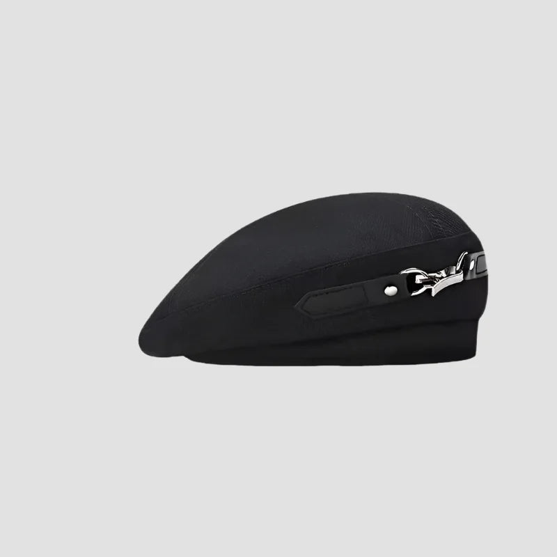 Black beret with decorative buckle.