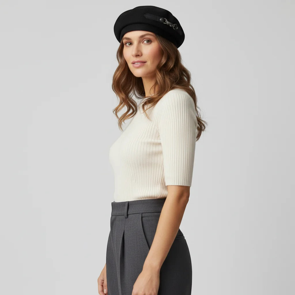 French Made Beret black beret with metallic clasp detail